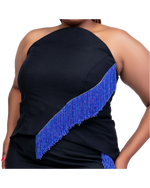 Load image into Gallery viewer, Black halter top with blue beaded detail on a white background