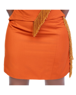 Load image into Gallery viewer, Orange skirt with gold fringe on a white background