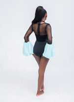 Load image into Gallery viewer, Person wearing a black fishnet top and sheer blue skirt on a white background
