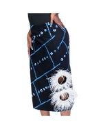 Load image into Gallery viewer, Black skirt with blue patterns and white fluffy accents on a white background