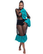 Load image into Gallery viewer, Woman wearing a black fishnet top and teal skirt with green jacket on a white background
