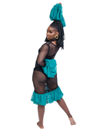 Load image into Gallery viewer, Woman wearing a black fishnet top and teal skirt with a white background