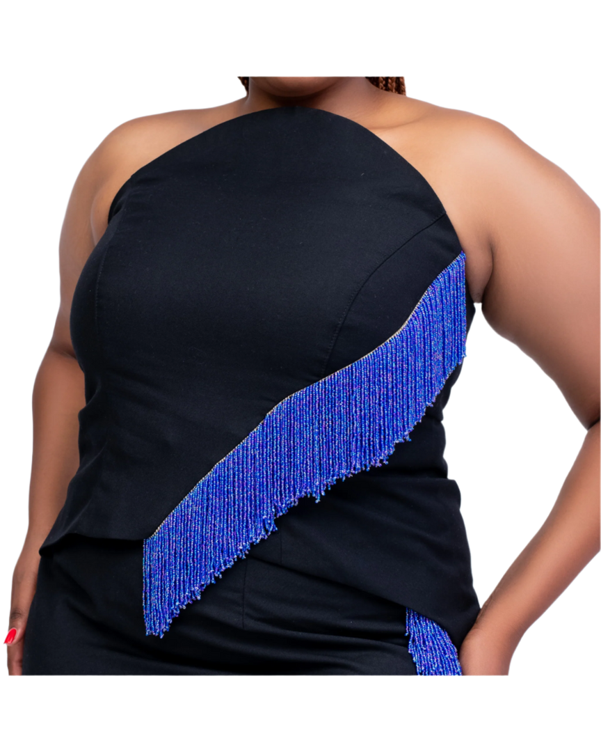 Black halter top with blue beaded detail on a white background