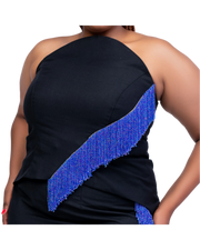 Black halter top with blue beaded detail on a white background