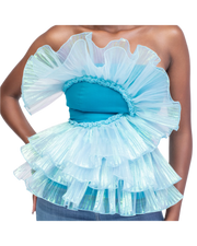 Blue strapless top with ruffled layers on a white background