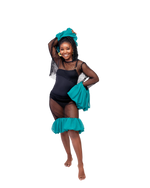 Load image into Gallery viewer, Young girl in a black swimsuit with teal accents posing against a white background
