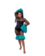 Young girl in a black swimsuit with teal accents posing against a white background