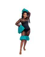 Load image into Gallery viewer, Young girl in a black and teal outfit with ruffled skirt on a white background
