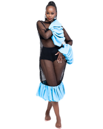 Load image into Gallery viewer, Woman wearing a black fishnet top and blue skirt with a white background
