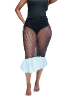 Load image into Gallery viewer, Person wearing a black fishnet skirt with a light blue ruffled bottom on a white background
