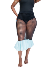 Person wearing a black fishnet skirt with a light blue ruffled bottom on a white background