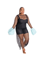 Load image into Gallery viewer, Woman wearing a black fishnet outfit with sheer sleeves and gloves on a white background
