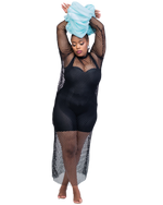 Load image into Gallery viewer, Woman wearing a black bodysuit with fishnet sleeves and pants on a white background
