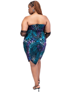 Load image into Gallery viewer, Woman wearing a strapless dress with a colorful pattern on a white background
