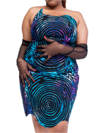 Load image into Gallery viewer, Woman wearing a blue and purple patterned dress with sheer black gloves on a white background
